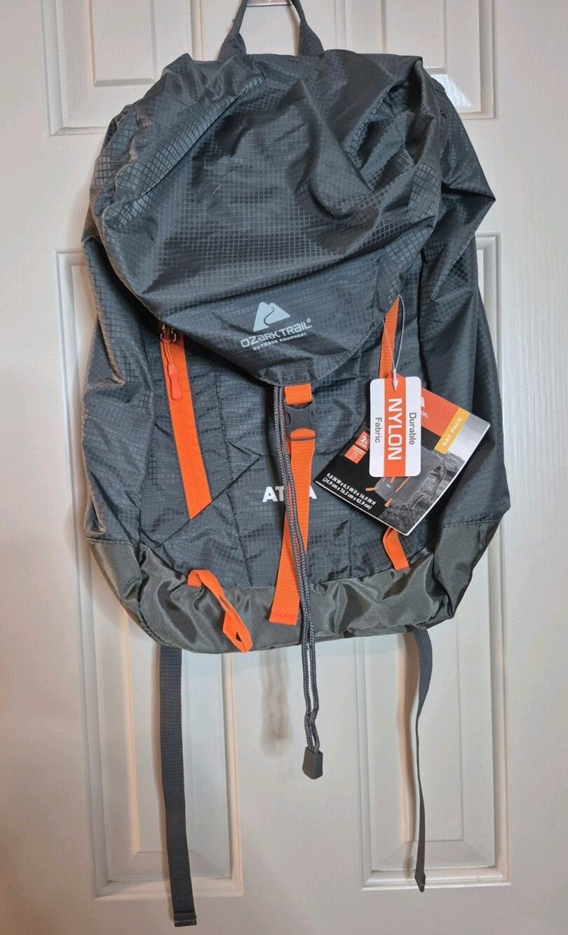 NWT Ozark Trail Atka 28L Hiking Backpack OS Black Gray Orange Lightweight Nylon